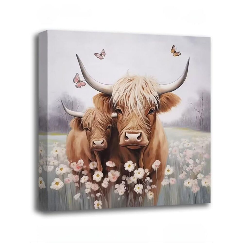 Highland Cow Canvas Art In A Floral Meadow 14x14